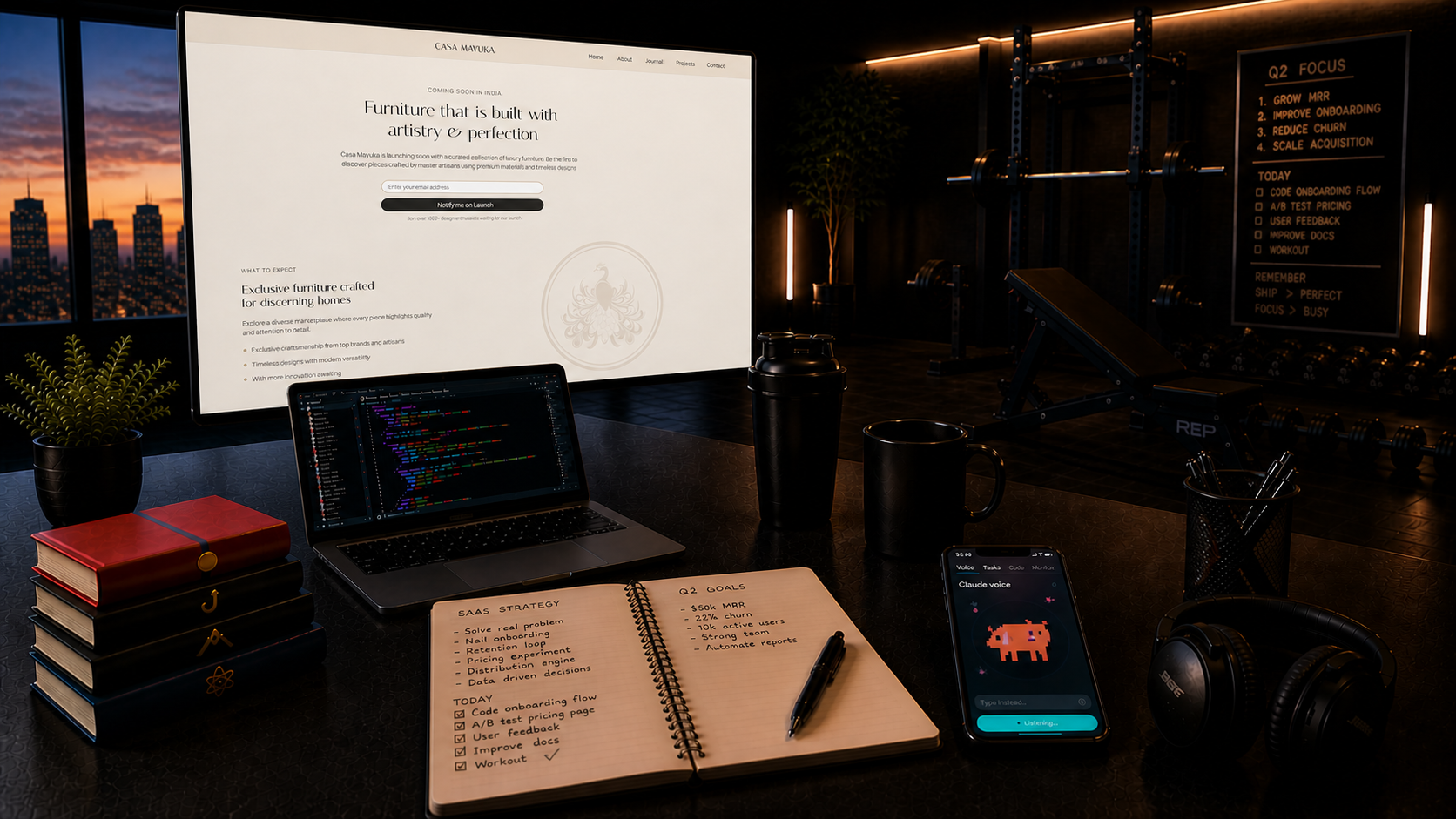 Workspace setup with desk, code editor, monitor, notebook, gym rack, and whiteboard